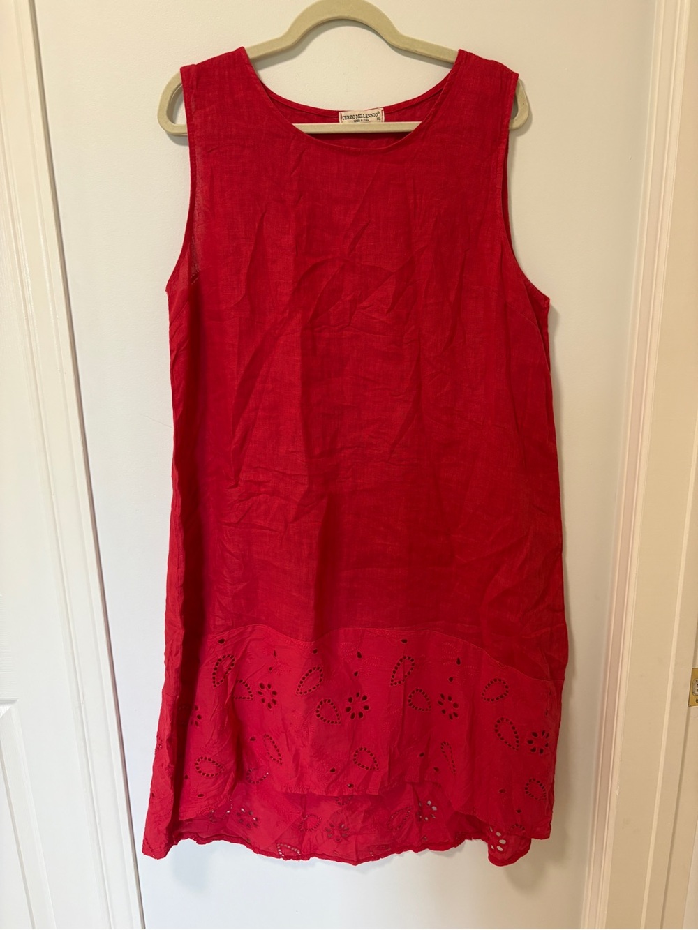 Terzo Millennio 100% Linen Dress Eyelet Embroidered High Low Hem XL made Italy